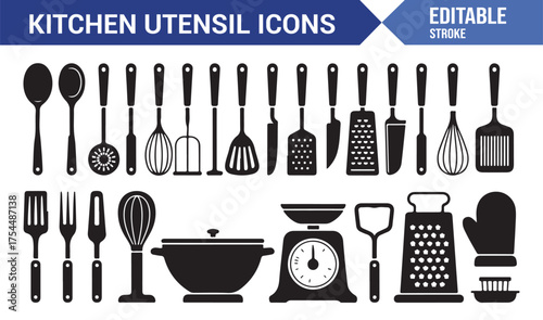 Black vector kitchen utensil icons pack featuring pots, pans, spoons, and whisks