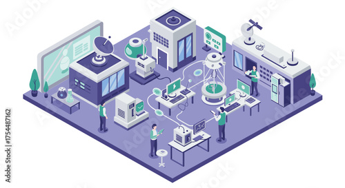 Futuristic technology hub in isometric design with scientists and advanced equipment