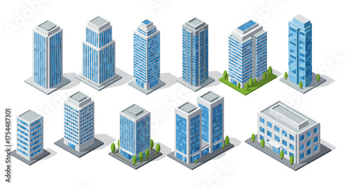 Modern isometric building collection with diverse skyscraper designs and urban landscapes