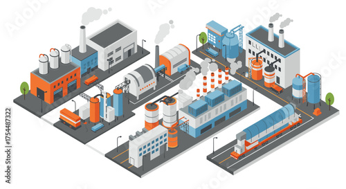Isometric industrial factory complex with smoke stacks and trucks on roads