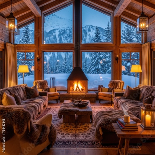 Cozy Ski Chalet Living Room with Fireplace and Mountain View.