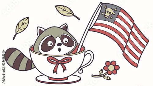 Honoring Heroes colored Raccoon with a Surprised touch, placed in a Veterans Day theme and styled with in a teacup