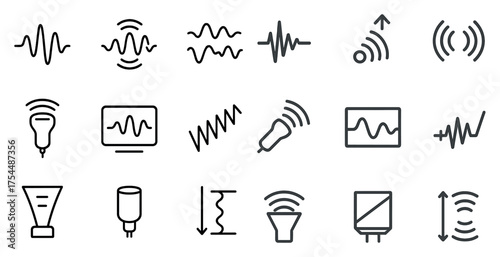 Audio waveform icons set – linear, outline, sound and frequency symbols