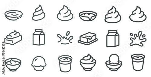 Dairy and dessert outline icons set – flat, linear, milk and ice cream symbols.