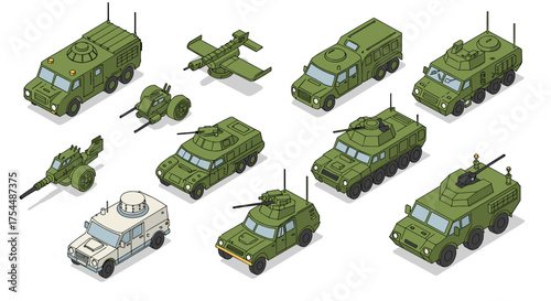 Isometric military vehicles collection: armored cars and tactical equipment