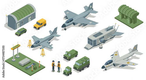 Isometric airport vehicles and aircraft with military base elements