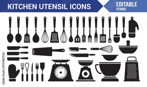 Collection of silhouette kitchen utensils and cookware symbols for restaurant and culinary design