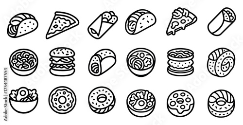 Food and cuisine icons set – outline, flat, culinary and gastronomy symbols