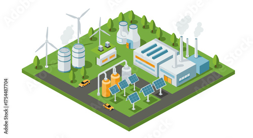 Eco-friendly industrial complex with renewable energy sources in isometric design