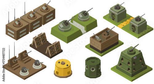 Isometric military defense structures: turrets, bunkers, barricades in strategic design