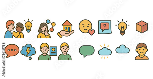 Communication and interaction flat icons set – linear, outline, dialogue symbols.