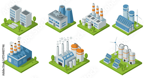 Isometric industrial building set with renewable energy elements