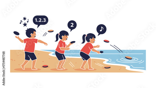 Child Skipping Stones: A joyful child engages in the age-old pastime of skipping stones across the tranquil water of the shore. A series of moments illustrating the fun. 