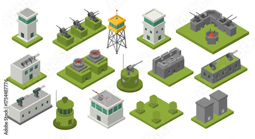 Isometric military base elements with gun turrets and watchtowers