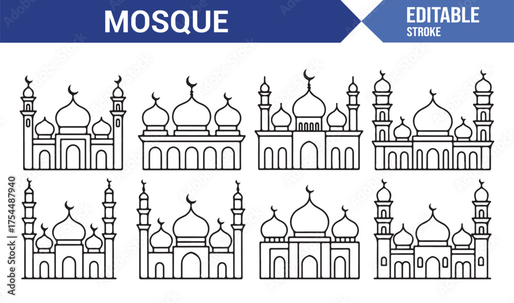 Fototapeta premium Islamic mosque outline collection — domes, arches, and minarets line drawings
