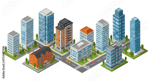 Modern urban cityscape with isometric buildings and streets