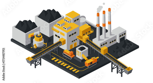Isometric factory scene with industrial elements and machinery