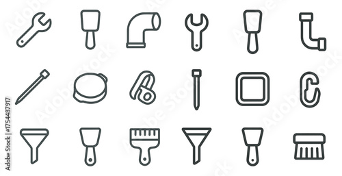 Plumbing tools outline icons set – linear pipe, repair and maintenance symbols