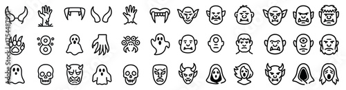 Halloween and horror outline icons set – linear, spooky, ghost and monster symbols