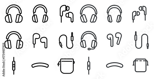 Headphones and earbuds outline icons set – audio, sound, music symbols