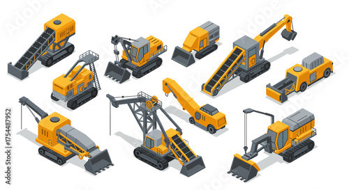 Construction vehicles in isometric style for industrial design projects