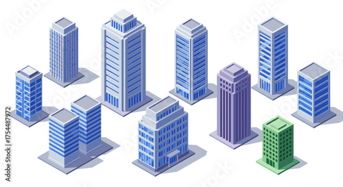 Isometric urban architecture set featuring modern skyscrapers and city buildings