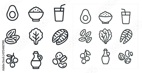 Organic superfoods outline icons set – health, nutrition, vegan symbols