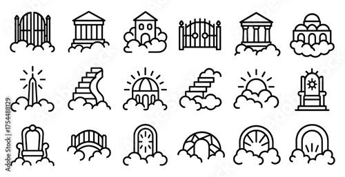Heaven and paradise outline icons set – linear, cloud, religious symbols collection
