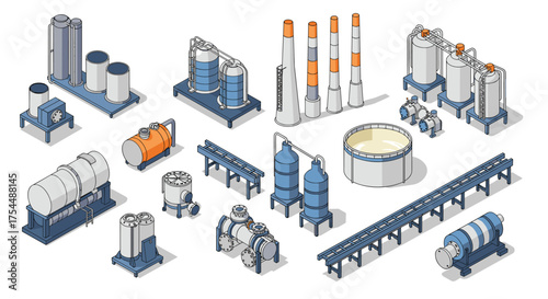 Isometric industrial equipment set with pipelines and machinery icons