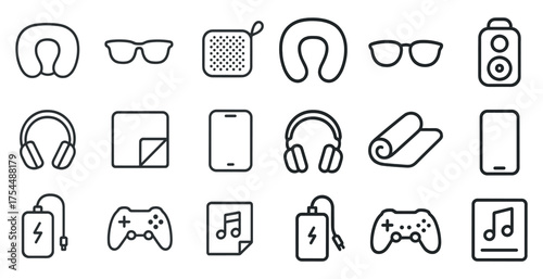 Music and technology icons set – outline, linear, audio and gadget symbols