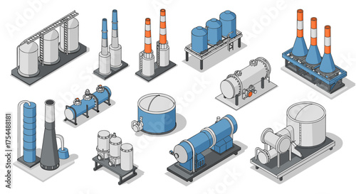 Isometric industrial equipment set with tanks and pipes for engineering projects