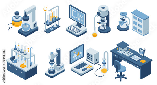 Isometric laboratory equipment and technology icons for modern scientific research