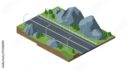 Isometric highway scene with mountains and streetlights in nature