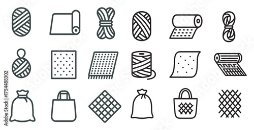 Yarn and craft outline icons set – knitting, textile, crochet symbols
