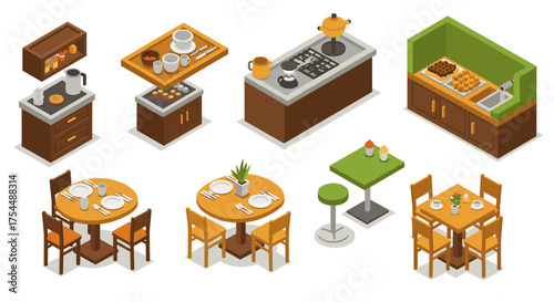 Isometric kitchen and dining furniture set featuring modern appliances and cozy decor elements
