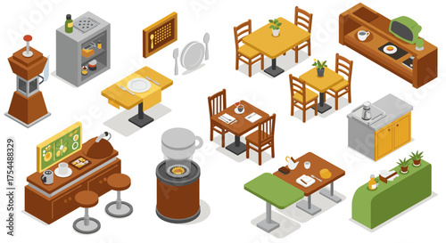 Isometric dining and kitchen furniture set with tables, chairs, and appliances