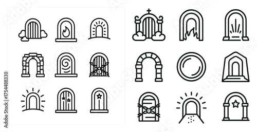 Mystical doorway outline icons set – gates, portals, celestial symbols
