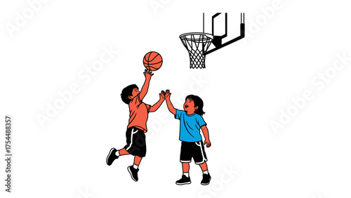 Basketball Game High-Five: A moment of teamwork and joy as a basketball player reaches for the hoop while celebrating with a high-five. Capturing the essence of sportsmanship and camaraderie.