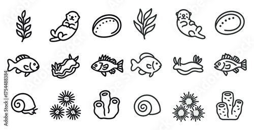 Marine line icons set – outline, aquatic, sea life symbols for design projects