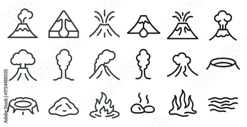 Volcano and nature outline icons set – linear, solid, eruption and landscape symbols