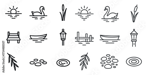 Nature and tranquility outline icons set – line, silhouette, outdoor and peaceful symbols