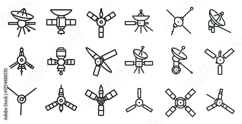 Satellites and space outline icons set – linear, silhouette, aerospace technology symbols