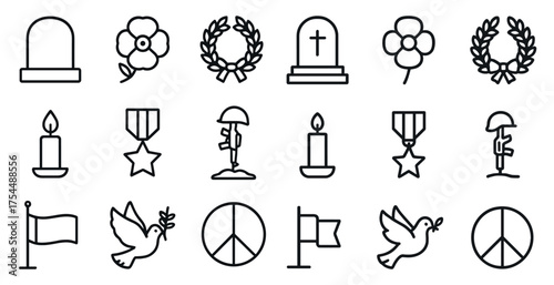 Memorial day outline icons set – silhouette, linear, remembrance and tribute symbols