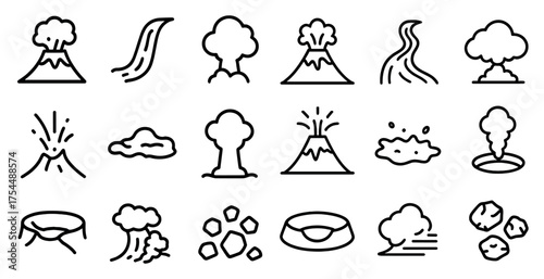 Natural disaster outline icons set – line, silhouette, volcanic, eruption symbols