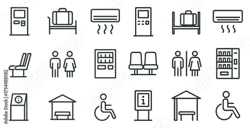 Transportation and public facilities line icons set – outline, linear, travel symbols