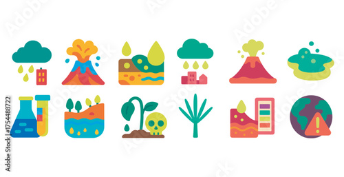 Environmental disaster flat icons set – pollution, climate, natural hazards symbols.