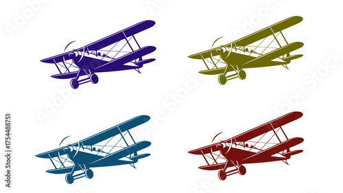 biplane vector illustration set: vintage aeroplane motifs in purple, olive, blue, and red