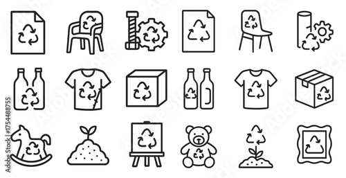 Recycling and sustainability outline icons set – green, eco-friendly, reusable symbols