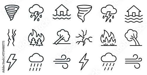 Weather and disaster outline icons set – storms, emergencies, climate symbols