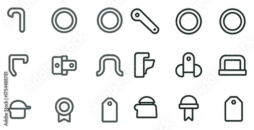 Industrial and mechanical outline icons set – production, tools, engineering essentials